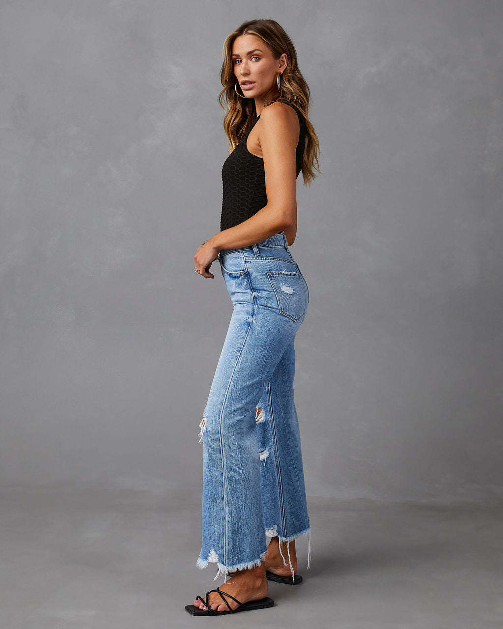 Høyt midje ripped jeans med vide ben