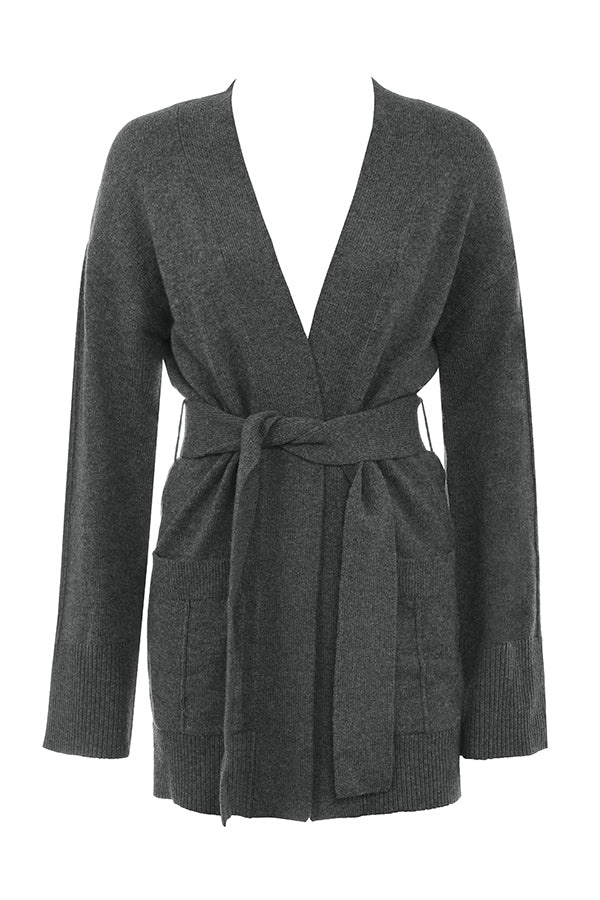 Antracitfarget cardigan i kashmirblanding med belte, bralette og bukser