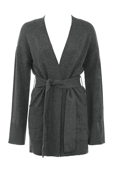 Antracitfarget cardigan i kashmirblanding med belte, bralette og bukser