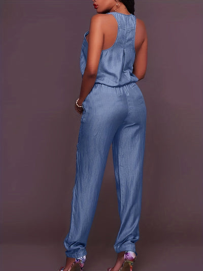 Denim jumpsuit med glidelås foran og belte i midjen