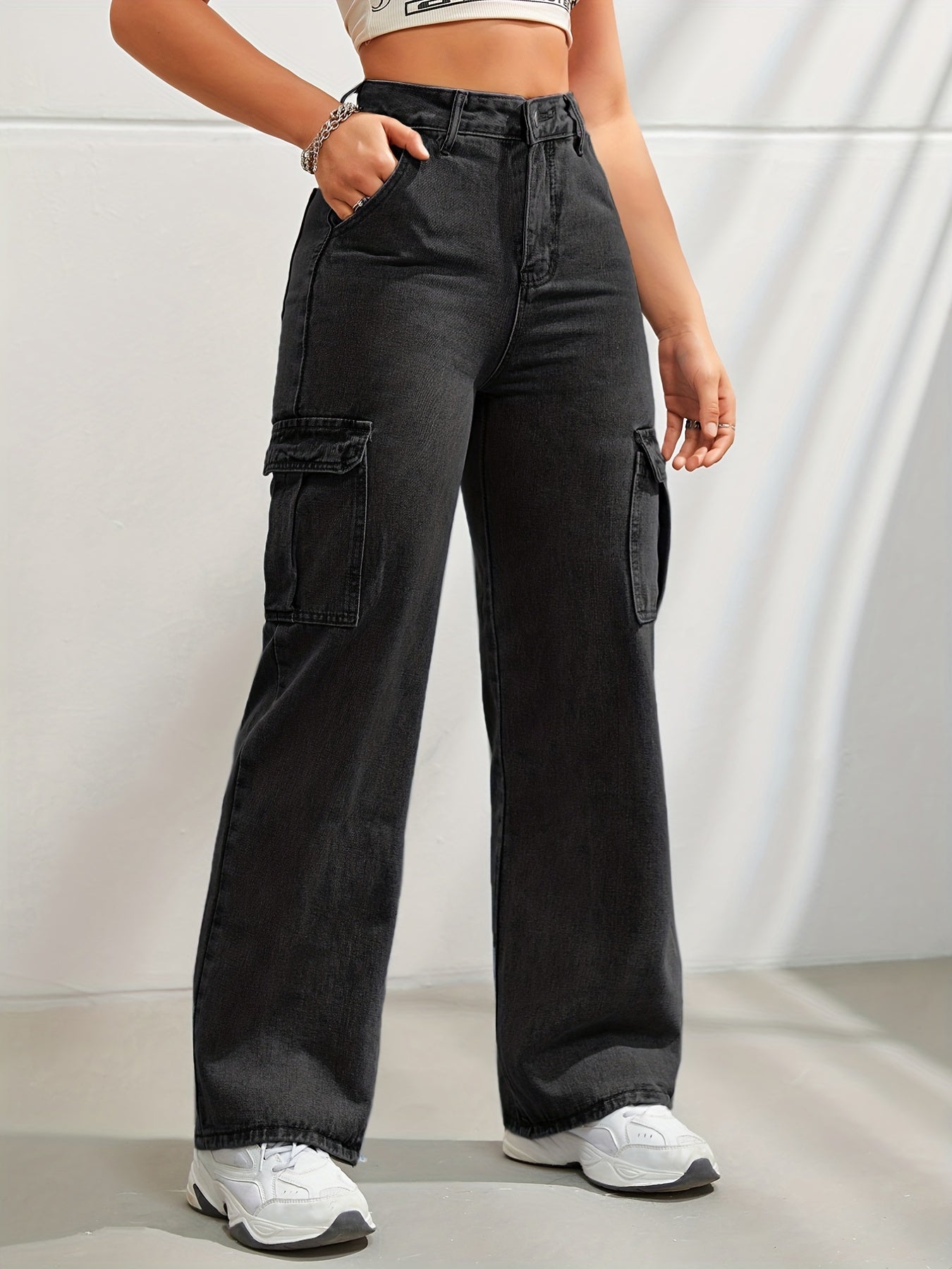 Jeans cargo bukser med høy midje