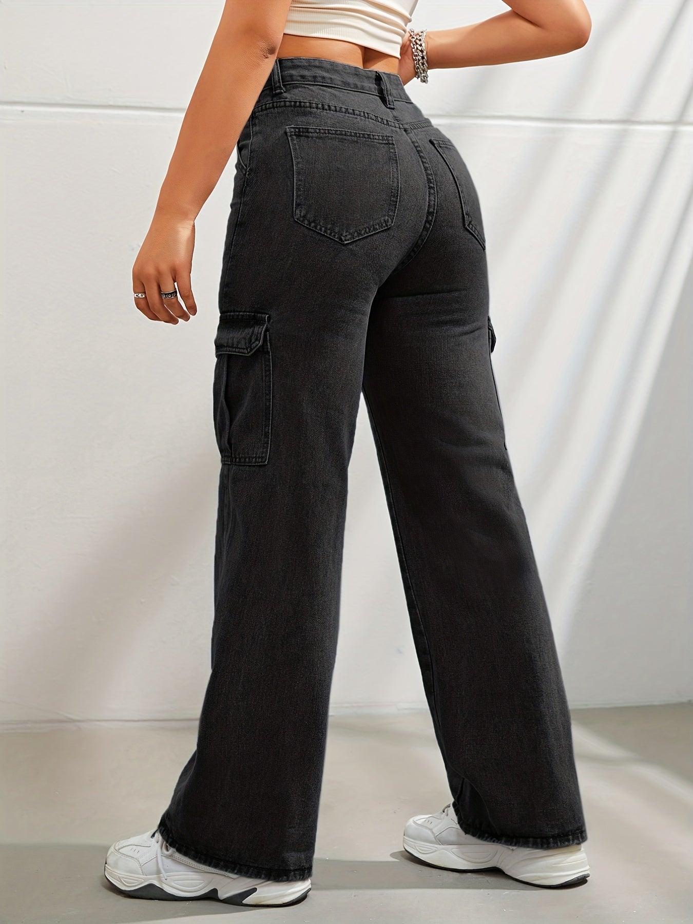 Jeans cargo bukser med høy midje