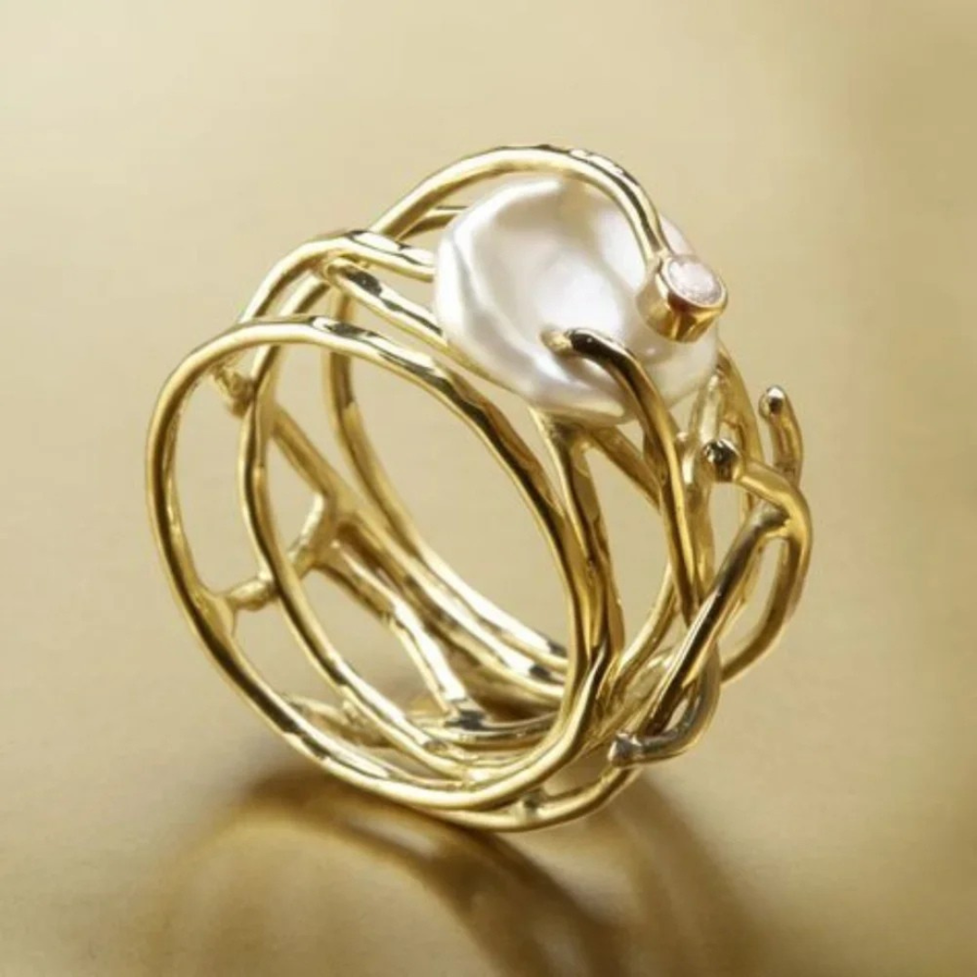 Vintage dunne gullring med perle