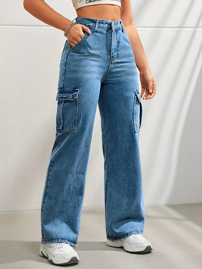 Jeans cargo bukser med høy midje