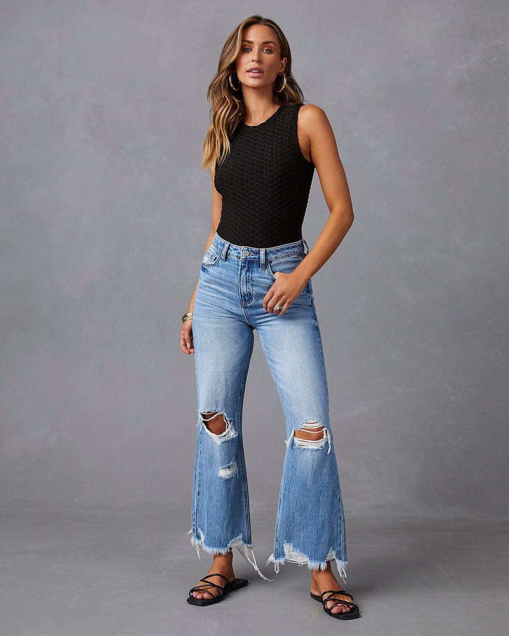 Høyt midje ripped jeans med vide ben