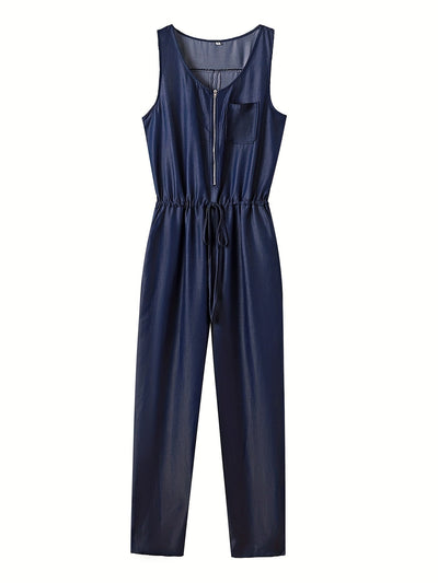 Denim jumpsuit med glidelås foran og belte i midjen