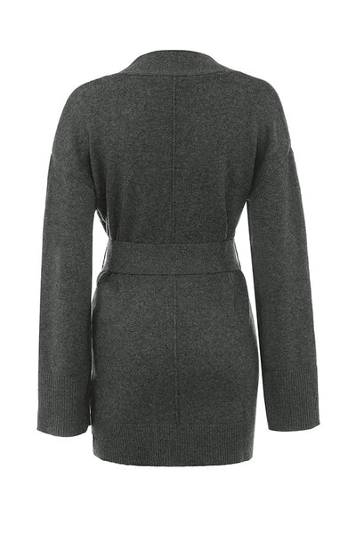 Antracitfarget cardigan i kashmirblanding med belte, bralette og bukser