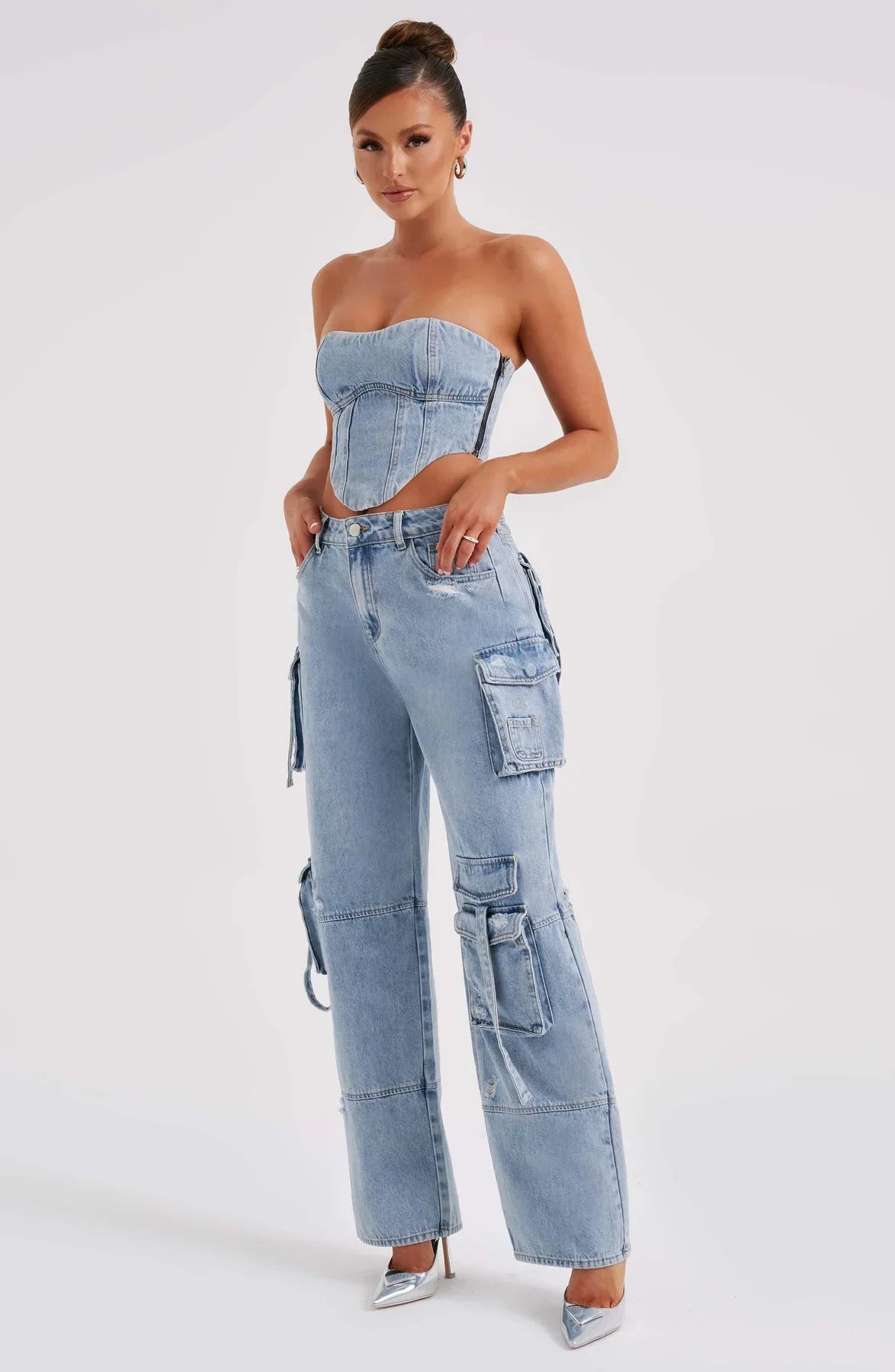 Denim korsett og cargo bukser sett