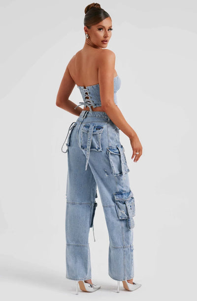 Denim korsett og cargo bukser sett