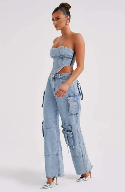 Denim korsett og cargo bukser sett