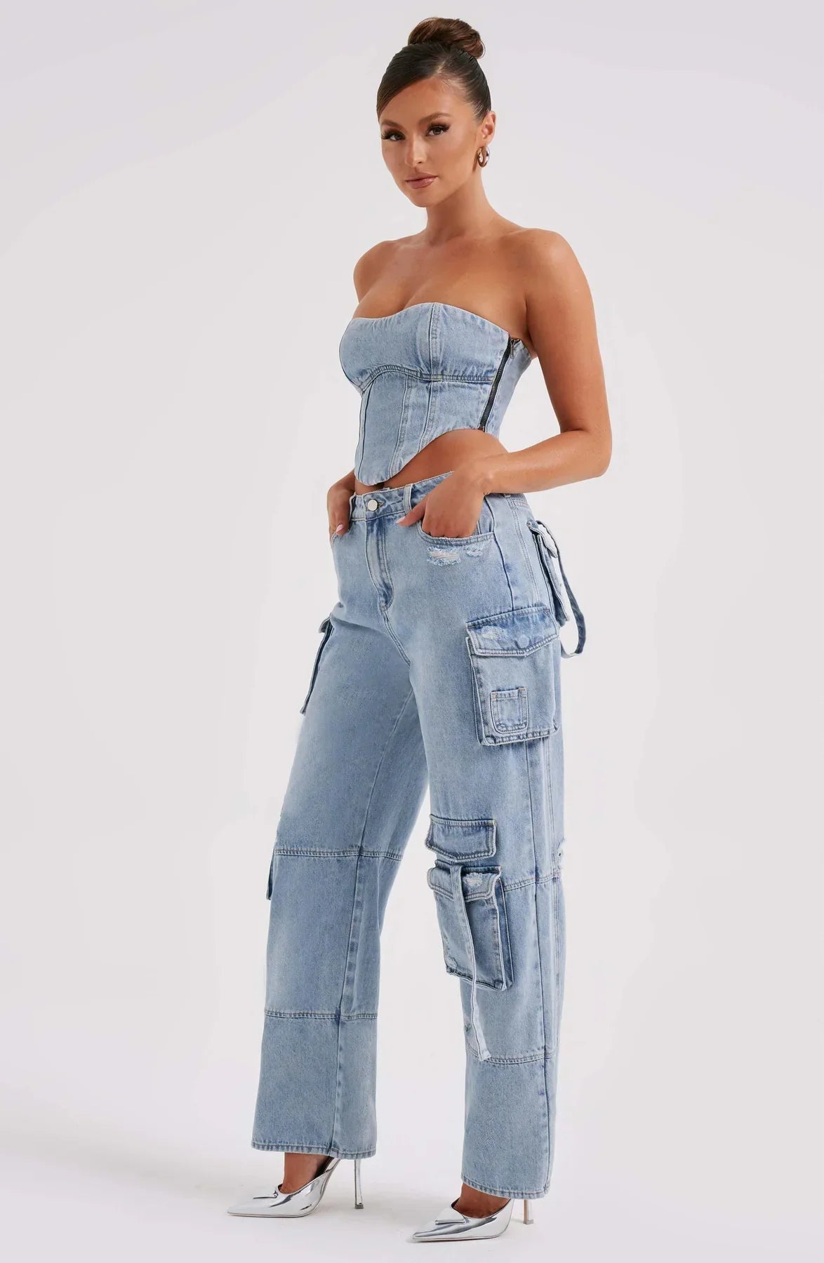 Denim korsett og cargo bukser sett