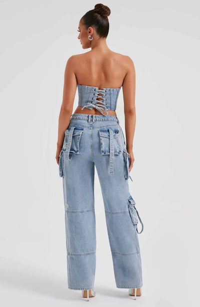 Denim korsett og cargo bukser sett