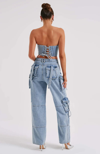 Denim korsett og cargo bukser sett