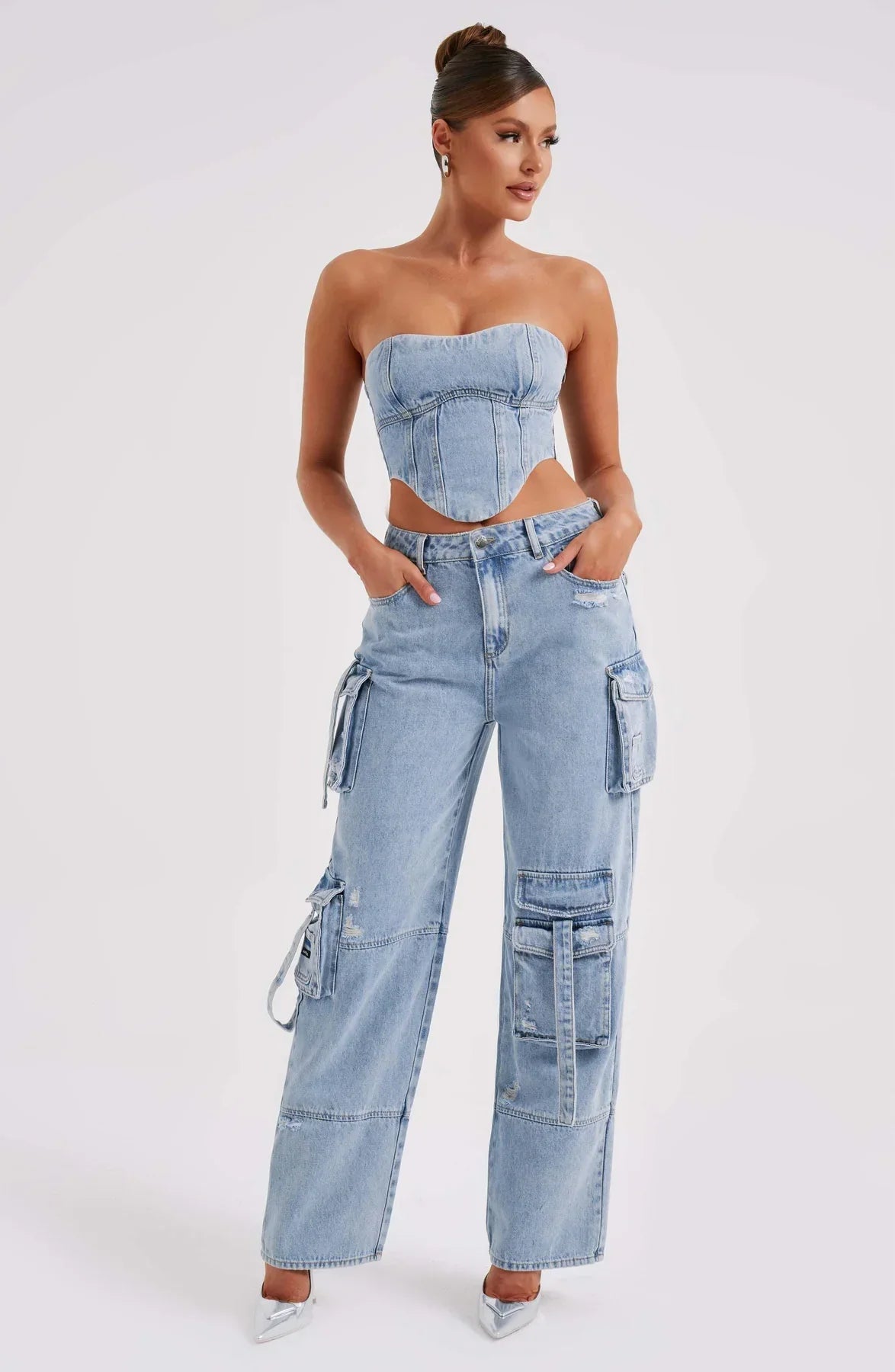 Denim korsett og cargo bukser sett