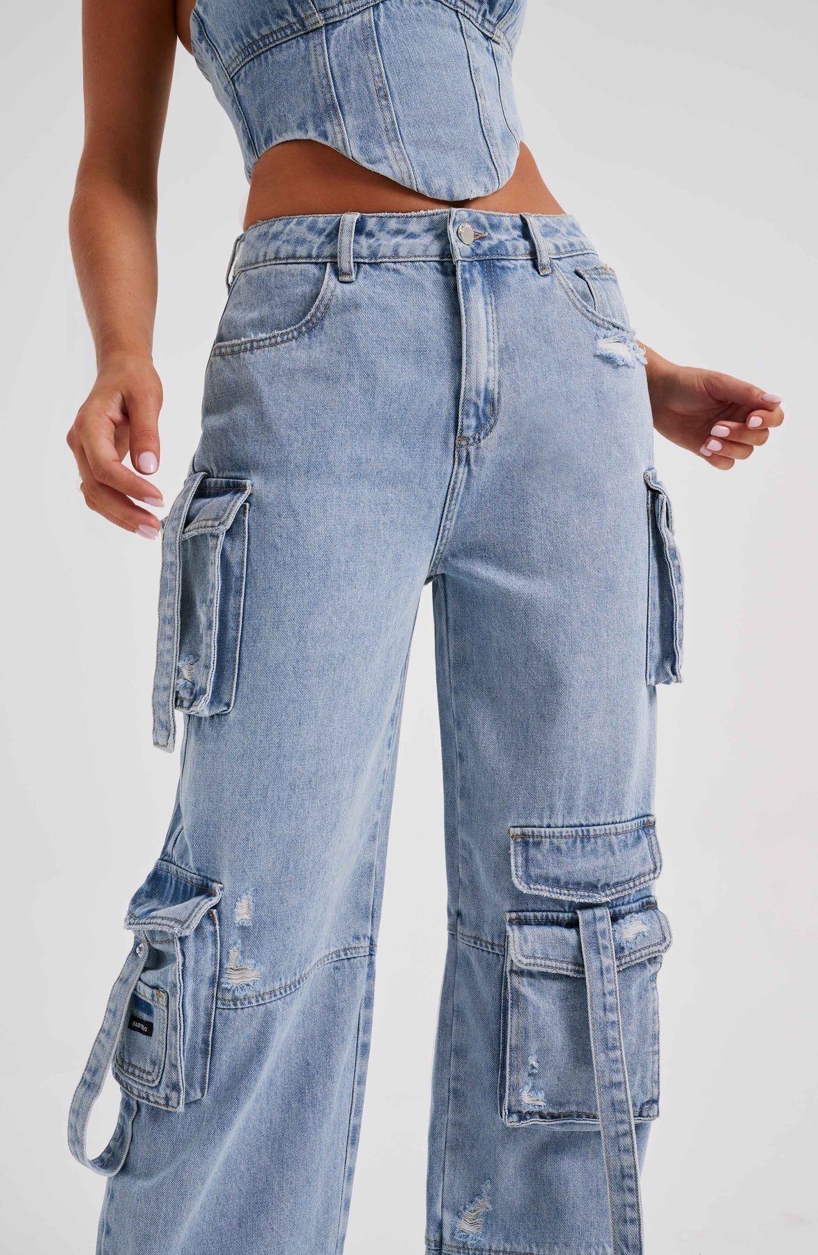 Denim korsett og cargo bukser sett