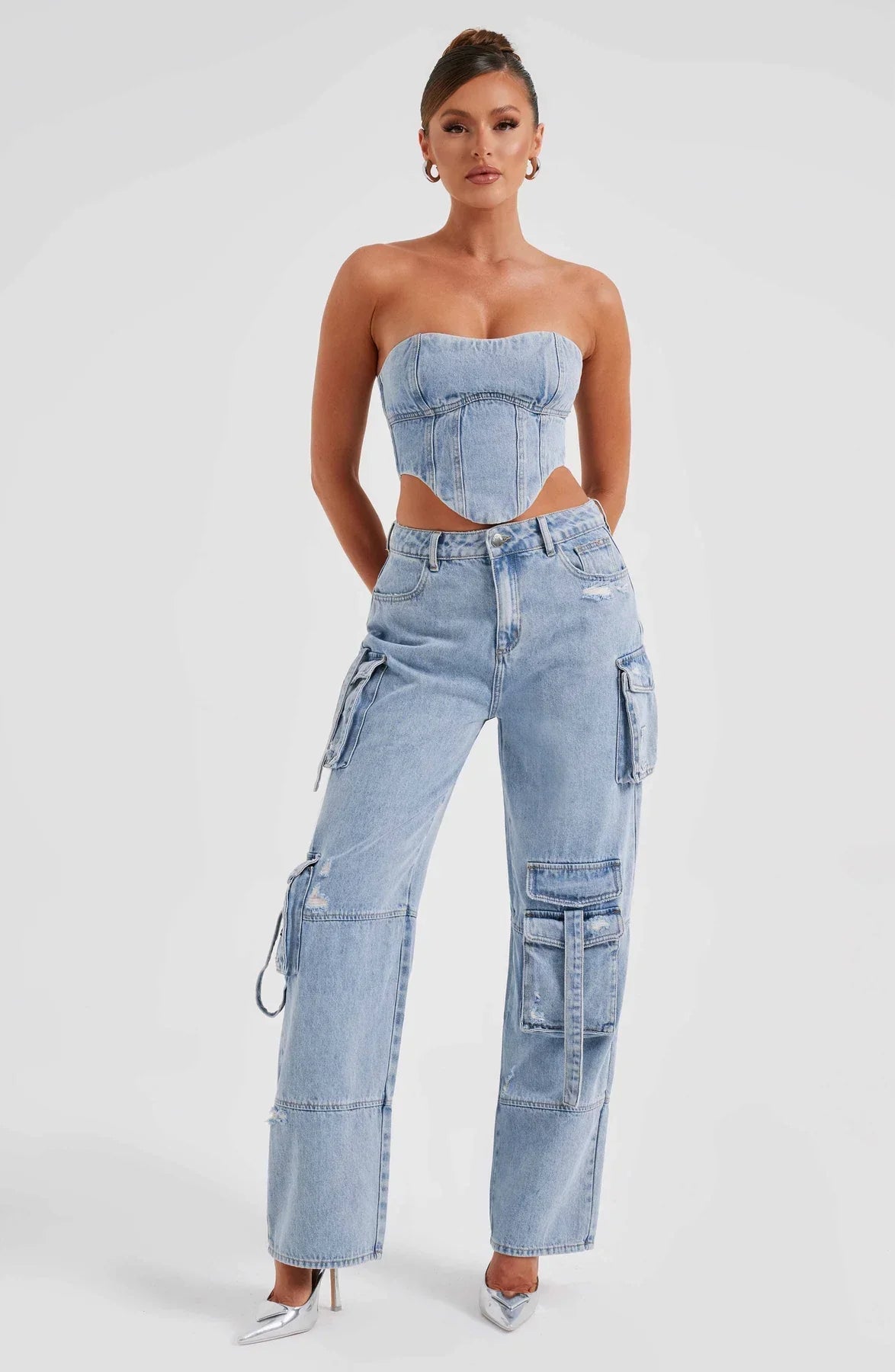 Denim korsett og cargo bukser sett