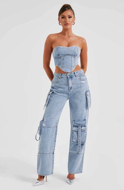 Denim korsett og cargo bukser sett