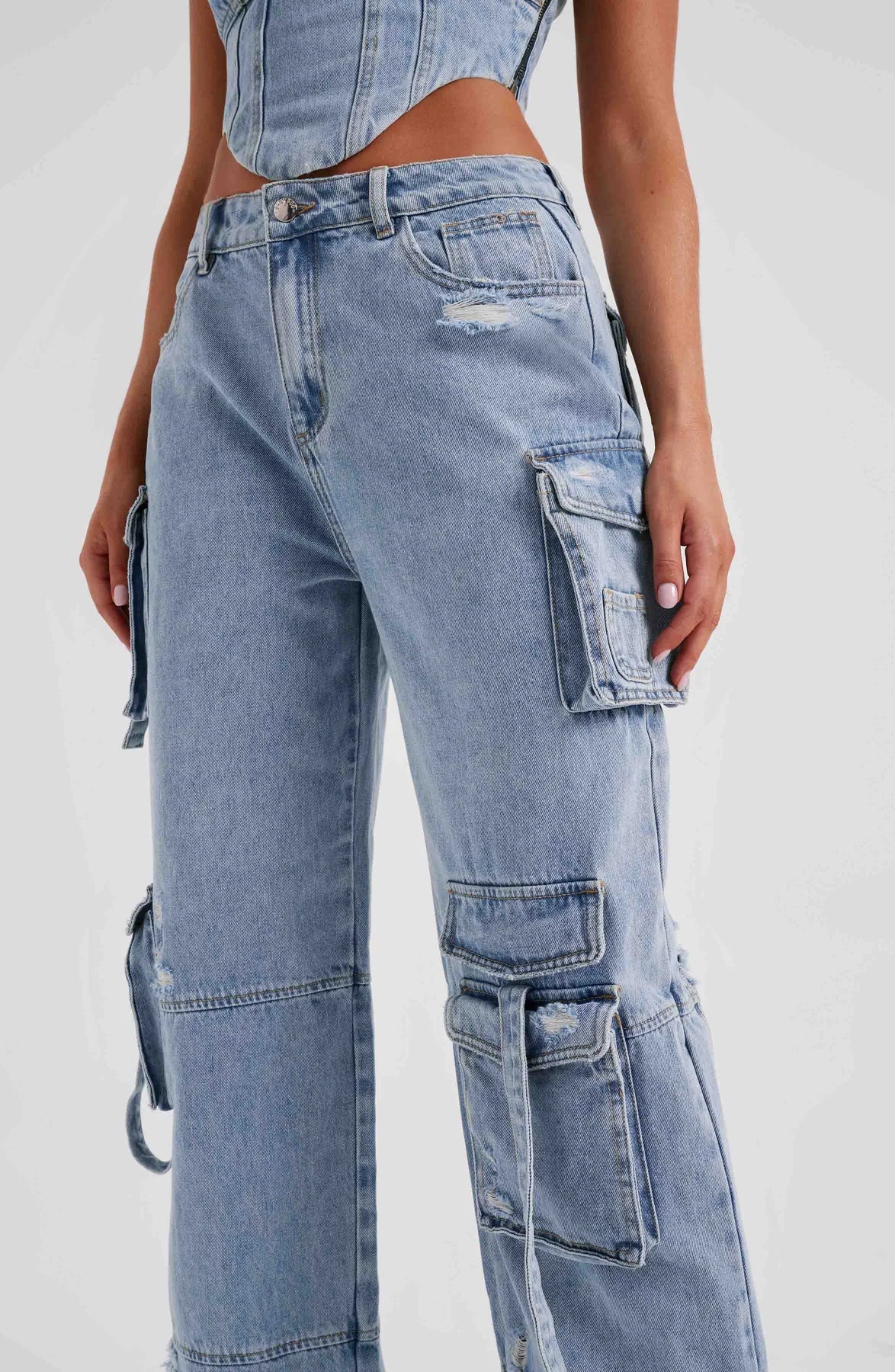 Denim korsett og cargo bukser sett