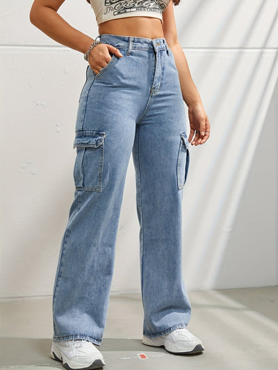 Jeans cargo bukser med høy midje