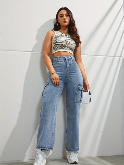 Jeans cargo bukser med høy midje